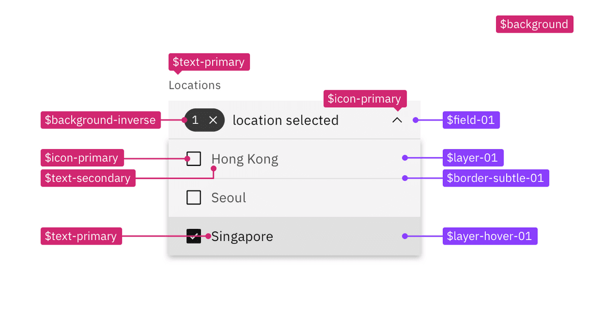 Example of the new token names with the layer model tokens highlighted in purple.